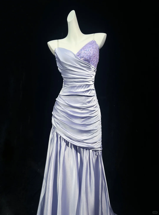 Pretty Lilac Satin Pleated Beaded Mermaid Evening Dress,Spaghetti Straps Long Prom Gown D3119