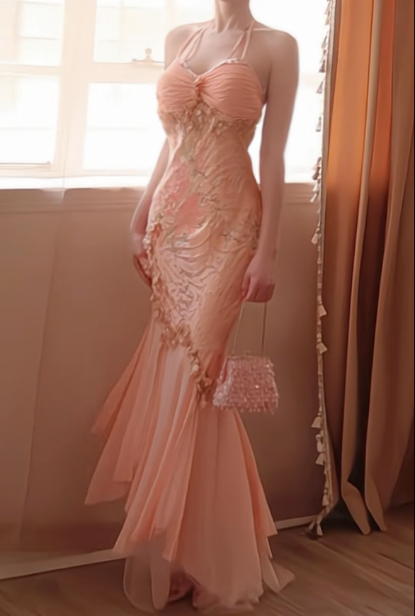 Glamorous Light Orange Pink Chiffon Mermaid Long Prom Gown Halter Evening Gown D2777