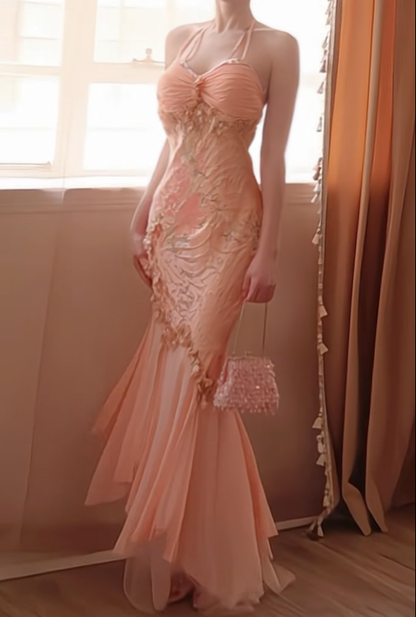 Glamorous Light Orange Pink Chiffon Mermaid Long Prom Gown Halter Evening Gown D2777
