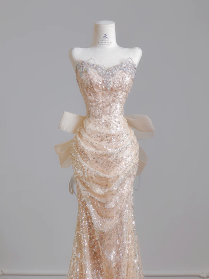 Glitter Strapless Tulle Sequin Beaded Mermaid Long Party Dress Birthday Evening Dress D2500