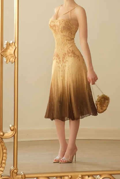 Shiny Spaghetti Straps Ombre Chiffon Lace Sequin Mermaid Prom Dress Formal Wedding Guest Dress D2764