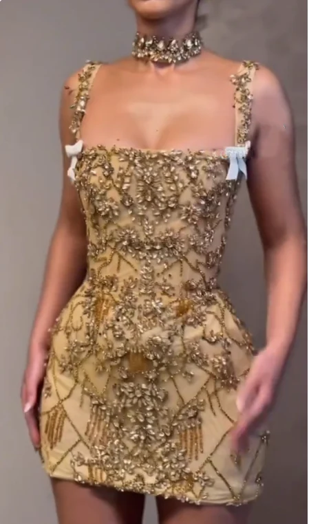 Luxury Sheath Square Neck Gold Short Formal Grade Homecoming Dresses Gold Cocktail Dress S337