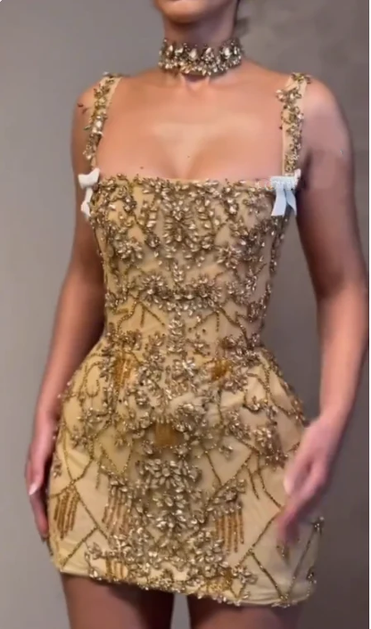 Luxury Sheath Square Neck Gold Short Formal Grade Homecoming Dresses Gold Cocktail Dress S337