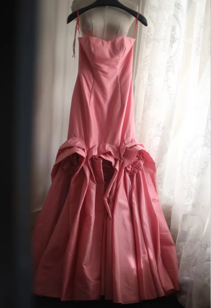 Elegant Spaghetti Straps Pink Satin Pleated Floral Mermaid Long Party Dress Birthday Evening Gown D2210