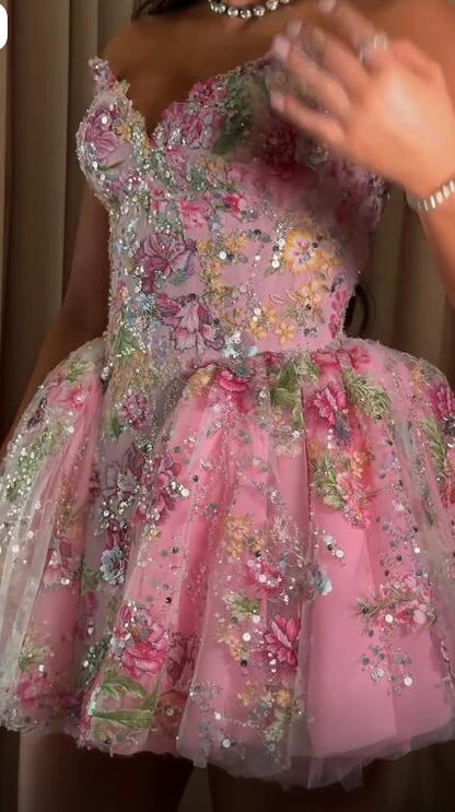 Charming Strapless Tulle Sequin Floral Short 15th Birthday Outfits,Pink Short Homecoming Dress D4308