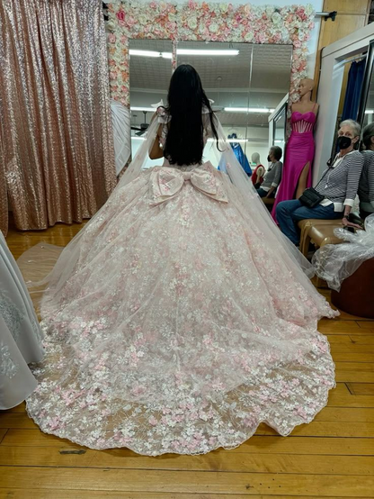 Pretty Pink Off The Shoulder Tulle Lace Appliques Quinceanera Dress Sweet 16 Dress With Bow D1047