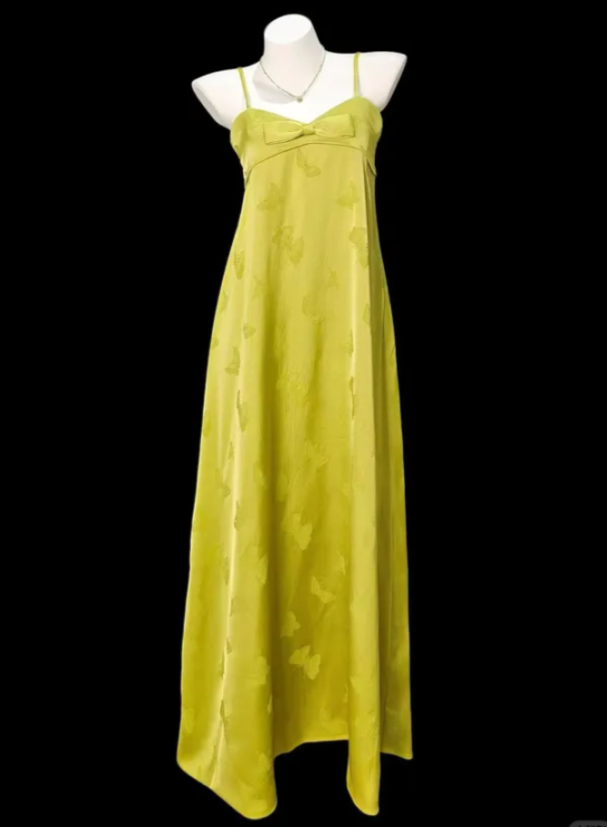 Unique Spaghetti Straps Chartreuse Green Satin Butterflies Print Long Party Dress Birthday Prom Dress D2343