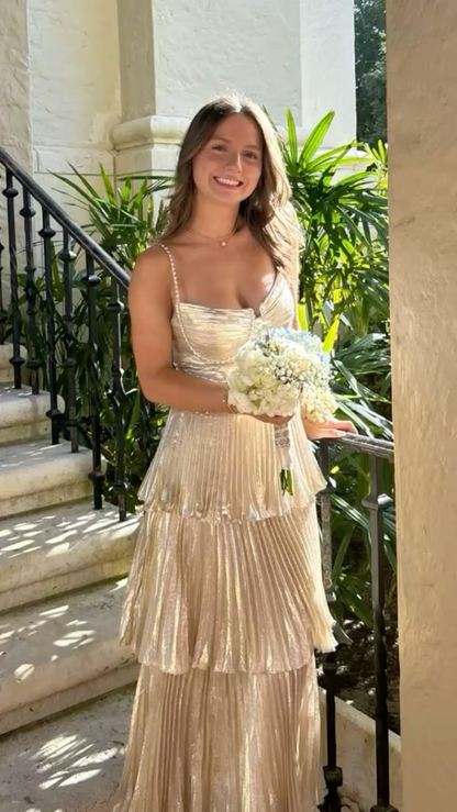 Fashion Spaghetti Straps Satin Pleated Beaded A Line Long Party Gown Champagne Gold Evening Dress D5037