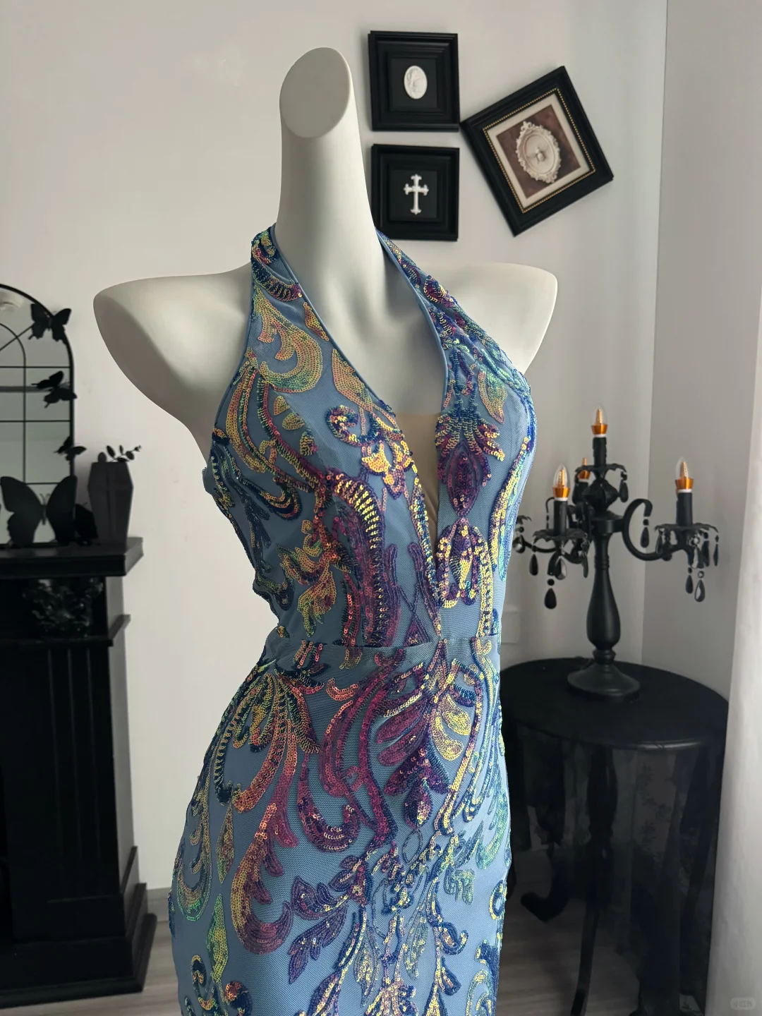 Sexy Halter Satin Sequin Mermaid Evening Dress，Purple Long Party Dress D3714
