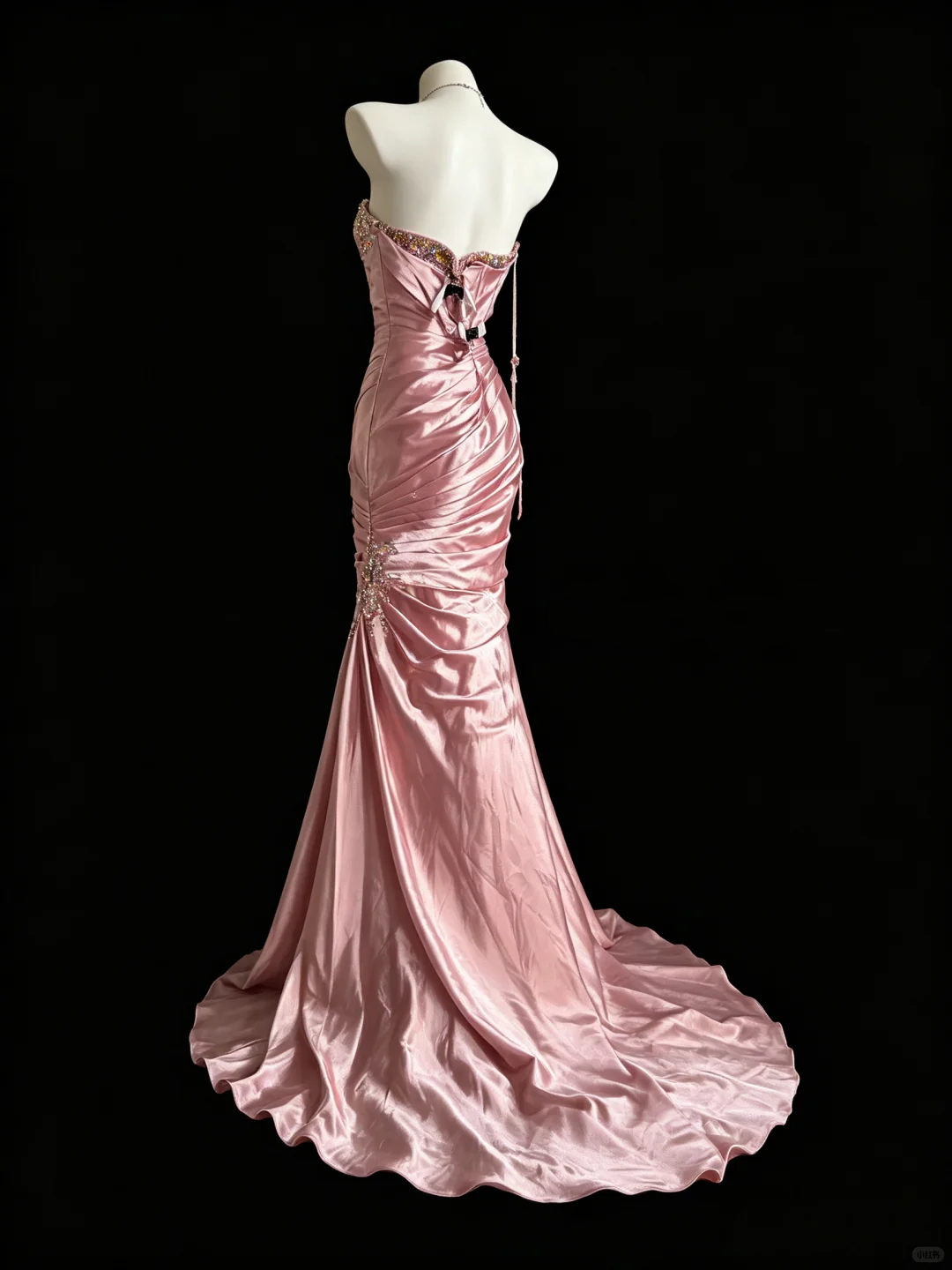 Elegant Pink Strapless Satin Beaded Mermaid Long Prom Dress Evening Dress D5224