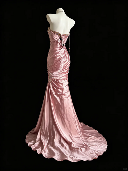 Elegant Pink Strapless Satin Beaded Mermaid Long Prom Dress Evening Dress D5224