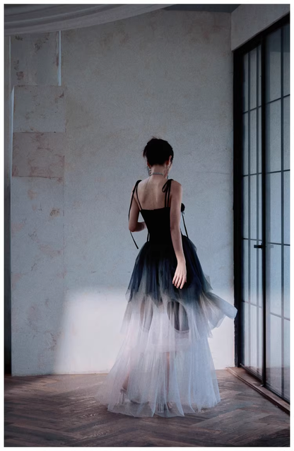 Elegant Spaghetti Straps Ombre Black Tulle Layered A Line Long Party Dress Evening Dress D2416