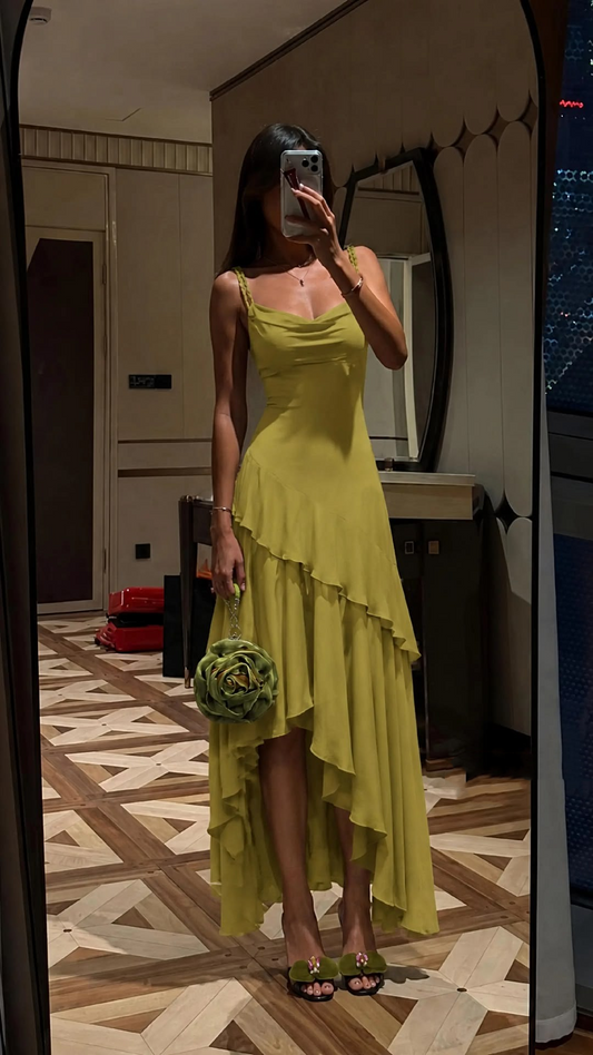 Elegant Spaghetti Straps Chiffon Ruffled A Line Long Party Dress,Olive Green Evening Gown D3419