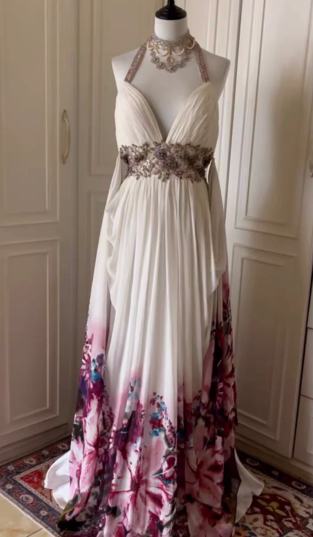 Beautiful Halter Beaded Chiffon Print Floral Mermaid Evening Dress,White Long Party Gown D3105