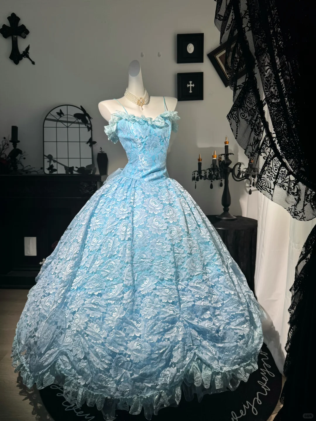 Sweet Blue Ball Gown,Spaghetti Straps Tulle Lace Floral Birthday Quinceanera Dress With Bow D3735