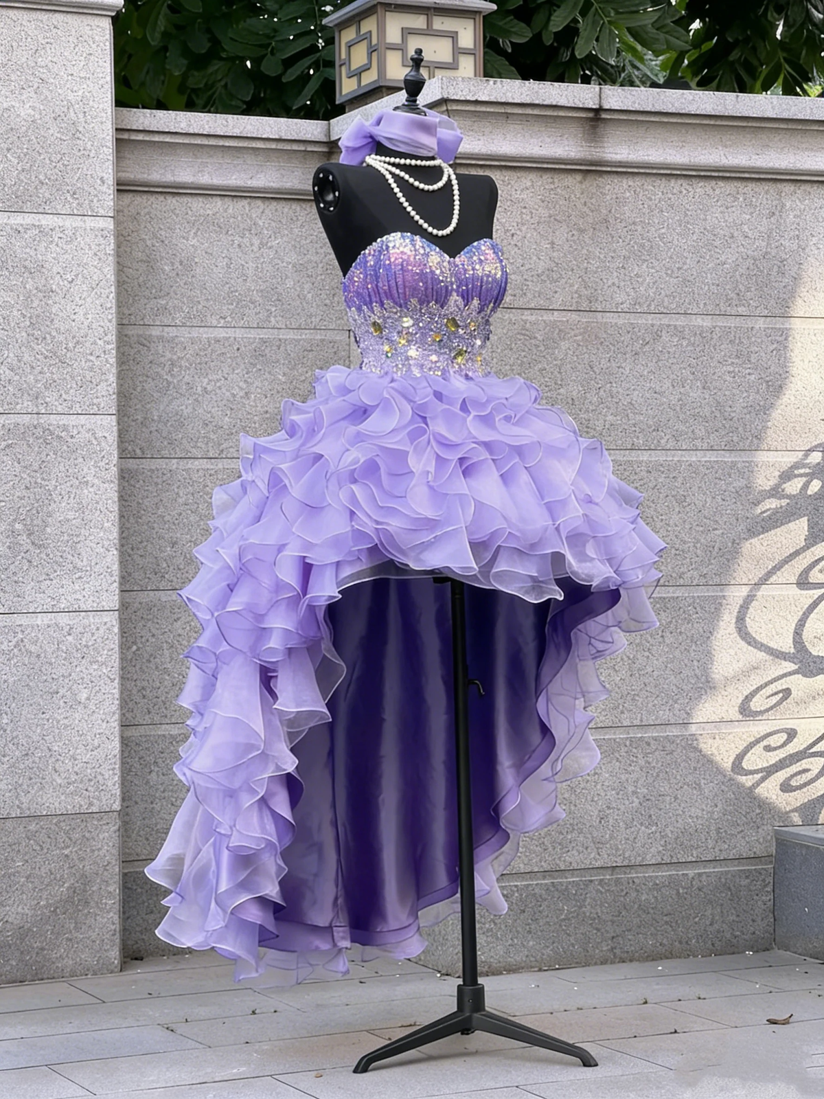 Princess Sweetheart Neck Lilac Sequin Beaded Tulle Ruffle Tiered High Low Long Evening Dress Birthday Party Gown D4881