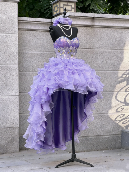 Princess Sweetheart Neck Lilac Sequin Beaded Tulle Ruffle Tiered High Low Long Evening Dress Birthday Party Gown D4881