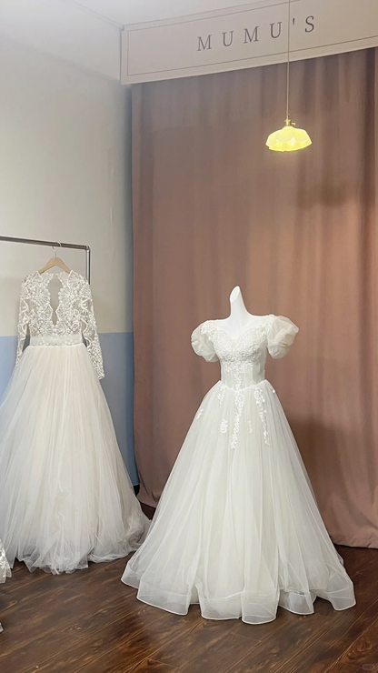 Pretty White Tulle Appliques Long Wedding Dress Formal Bridal Dress D3071