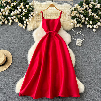 Simple A line Straps Red Holiday Dresses Midi Length Women's Dress SD1271