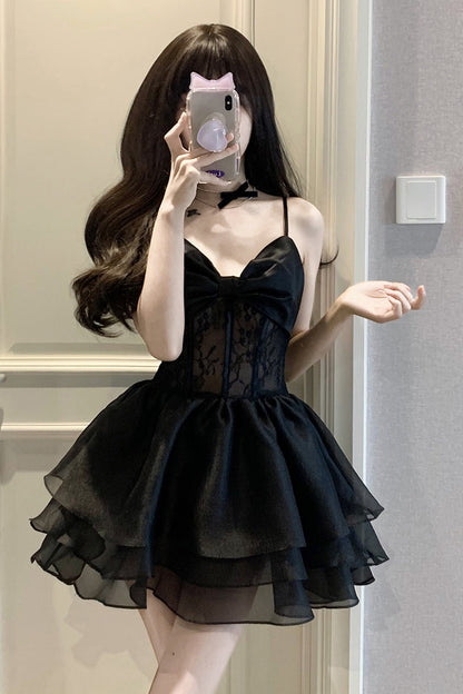 Simple A line Spaghetti Straps Chiffon Black Holiday Dress Birthday Dresses Birthday Outfits SD1237