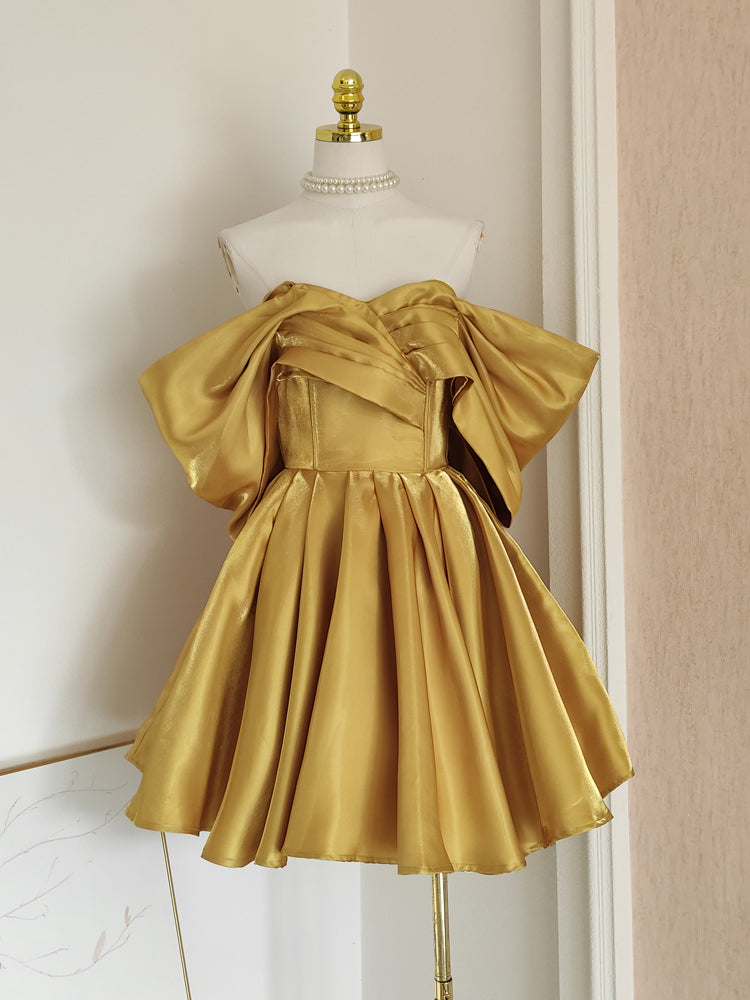 Sexy A line Off The Shoulder Yellow Satin Travel Vacation Dresses Short Birthday Dress SD1249