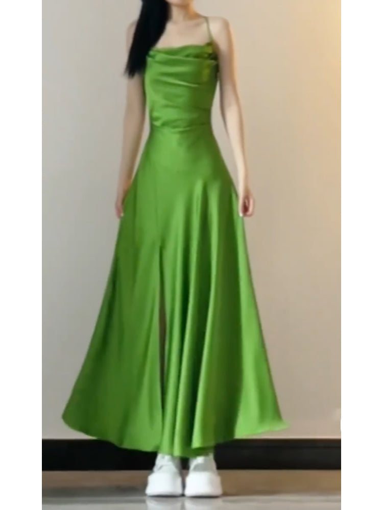 Sexy A line Spaghetti Straps Green Holiday Dress Satin Birthday Dresses Birthday Outfits SD1293