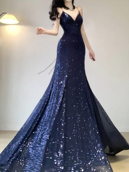 Chic Mermaid Spaghetti Straps Sequin Blue Prom Dress Birthday Dresses Birthday Outfits SD1162