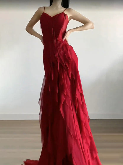 Sexy Mermaid Spaghetti Straps Red Chiffon Ruffles Birthday Dresses Long Prom Dress SD1160