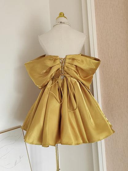 Sexy A line Off The Shoulder Yellow Satin Travel Vacation Dresses Short Birthday Dress SD1249