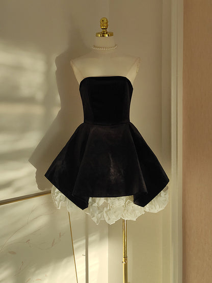 Sexy A line Strapless Velvet Black Holiday Dress Travel Vacation Dresses Short Birthday Dress SD1257