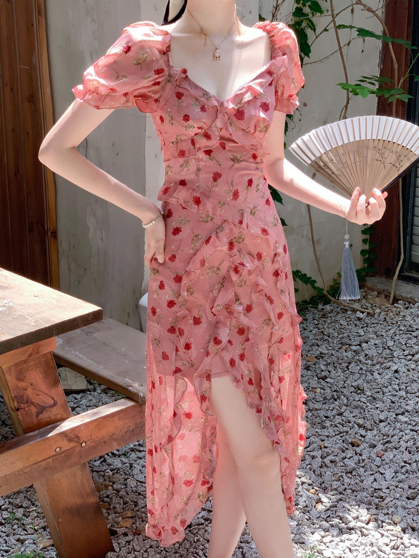 Cute Sheath V Neckline Ruffled Pink Chiffon Floral Beach Dress Women's Vacation Dresses SD1138