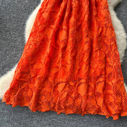 Simple A line Straps Orange Lace Holiday Dresses Midi Length Women's Dress SD1273