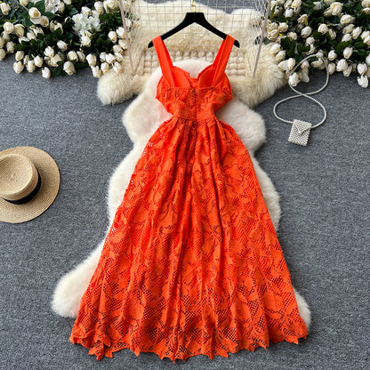 Simple A line Straps Orange Lace Holiday Dresses Midi Length Women's Dress SD1273