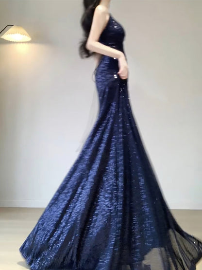 Chic Mermaid Spaghetti Straps Sequin Blue Prom Dress Birthday Dresses Birthday Outfits SD1162