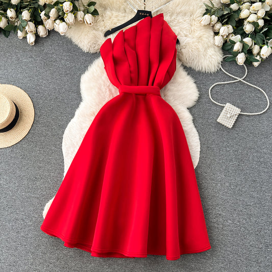 Simple A line One Shoulder Ruffles Holiday Dresses Midi Length Women's Dress SD1277