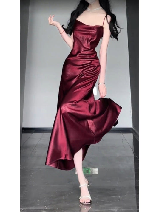 Chic Sheath Spaghetti Straps Christmas Dress Burgundy Prom Dresses Birthday Outfits SD1167