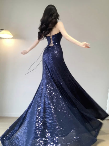 Chic Mermaid Spaghetti Straps Sequin Blue Prom Dress Birthday Dresses Birthday Outfits SD1162