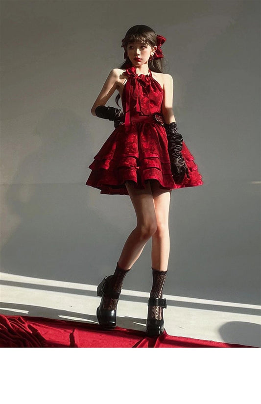 Ball Gown Halter Dark Red Christmas Dress Birthday Dresses Birthday Outfits SD1126