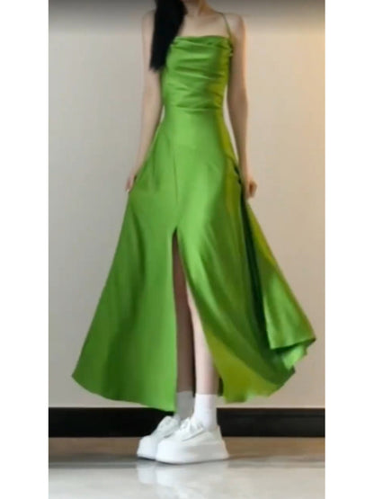 Sexy A line Spaghetti Straps Green Holiday Dress Satin Birthday Dresses Birthday Outfits SD1293