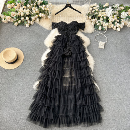 Chic A line Off The Shoulder Tulle Short Sleeves Black Tulle Holiday Dresses Ruffles Women Dress SD1269