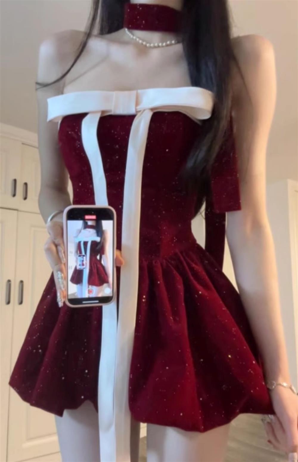 Ball Gown Strapless Dark Red Christmas Dress Birthday Dresses Birthday Outfits SD1290