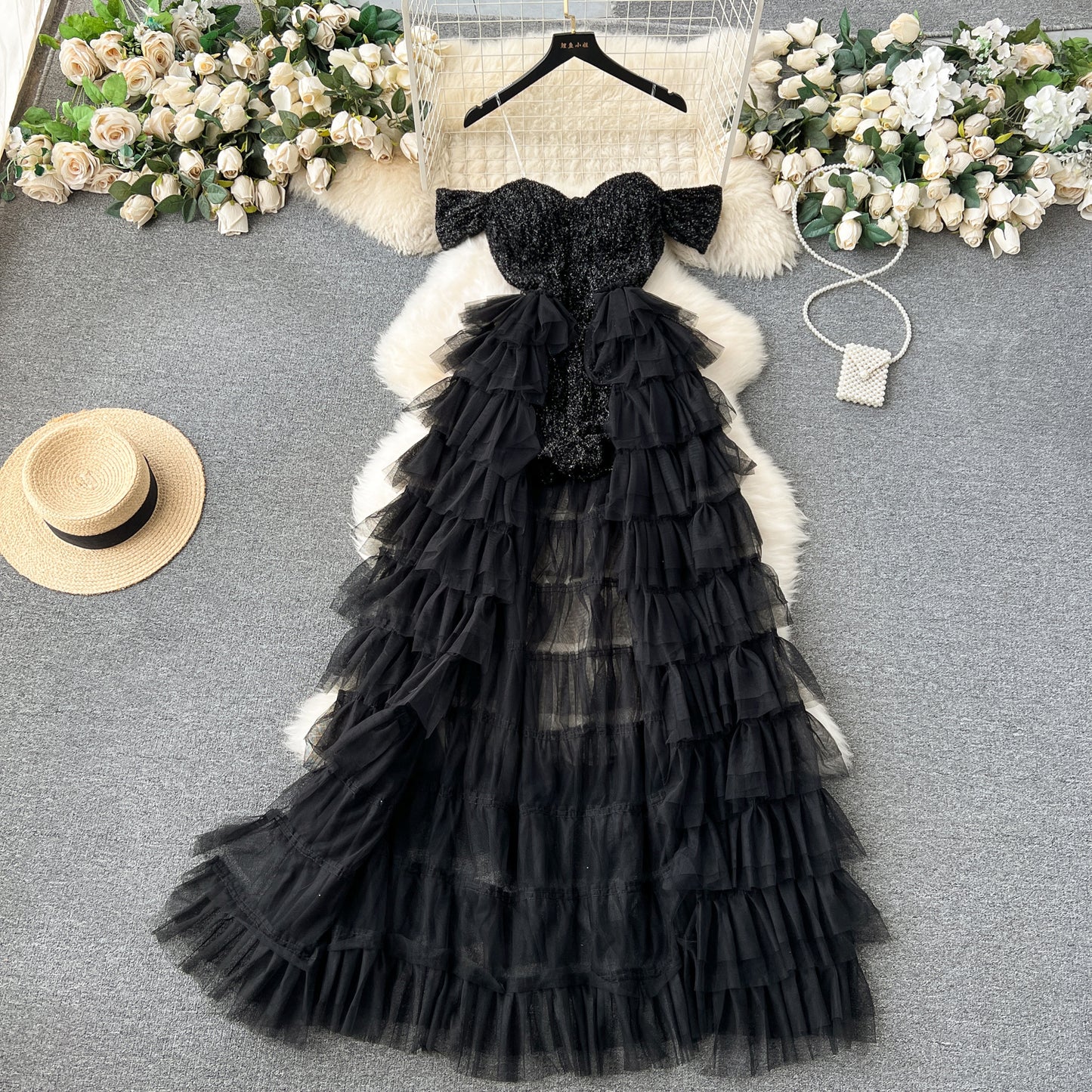 Chic A line Off The Shoulder Tulle Short Sleeves Black Tulle Holiday Dresses Ruffles Women Dress SD1269