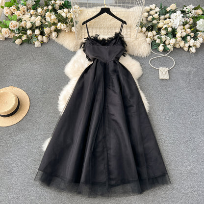 Chic A line Spaghetti Straps Black Tulle Holiday Dresses Feather Women's Dress SD1270