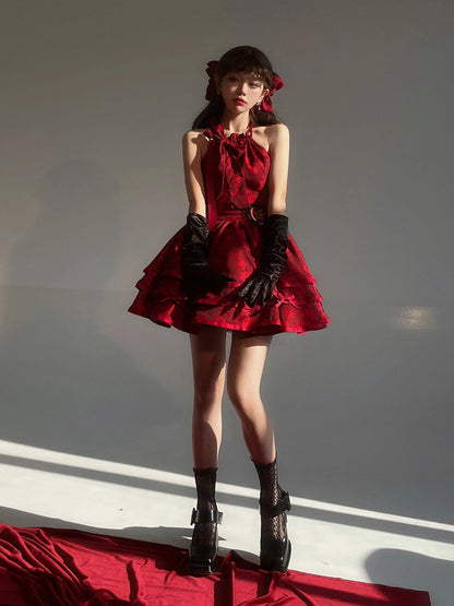 Ball Gown Halter Dark Red Christmas Dress Birthday Dresses Birthday Outfits SD1126