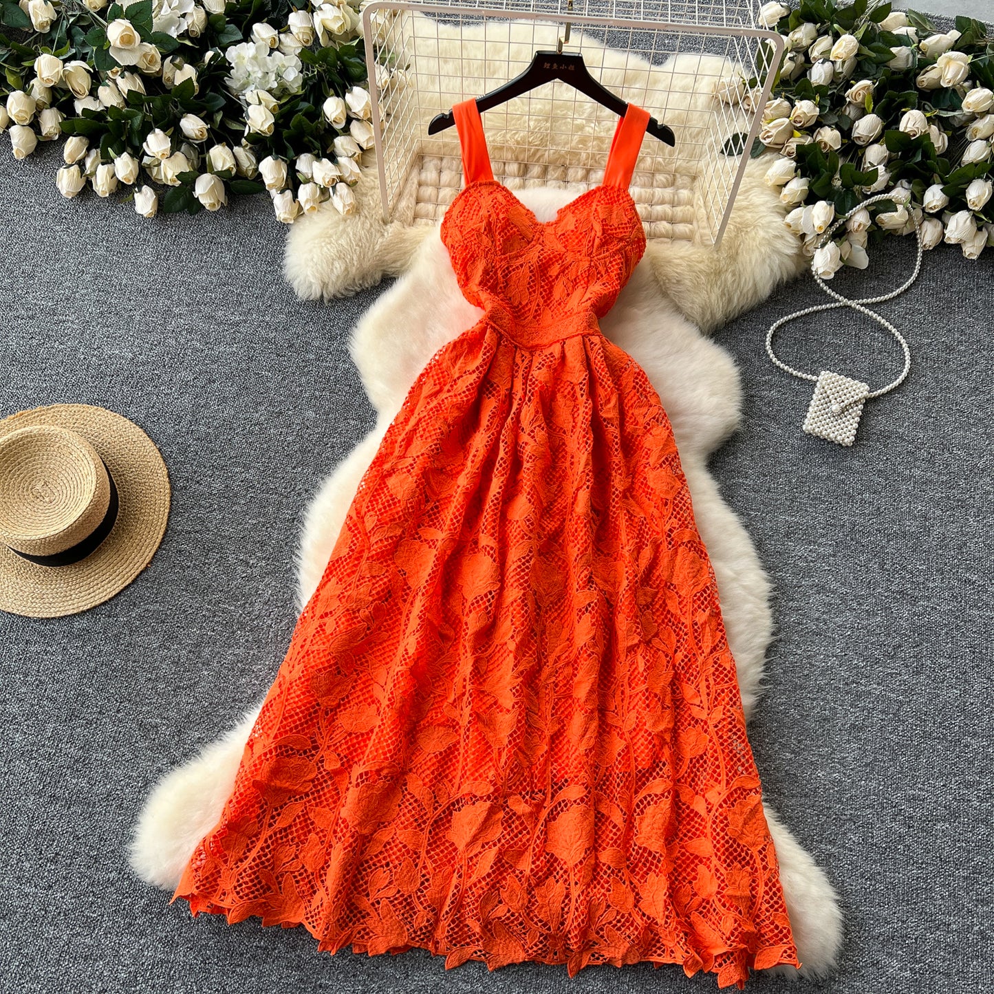 Simple A line Straps Orange Lace Holiday Dresses Midi Length Women's Dress SD1273