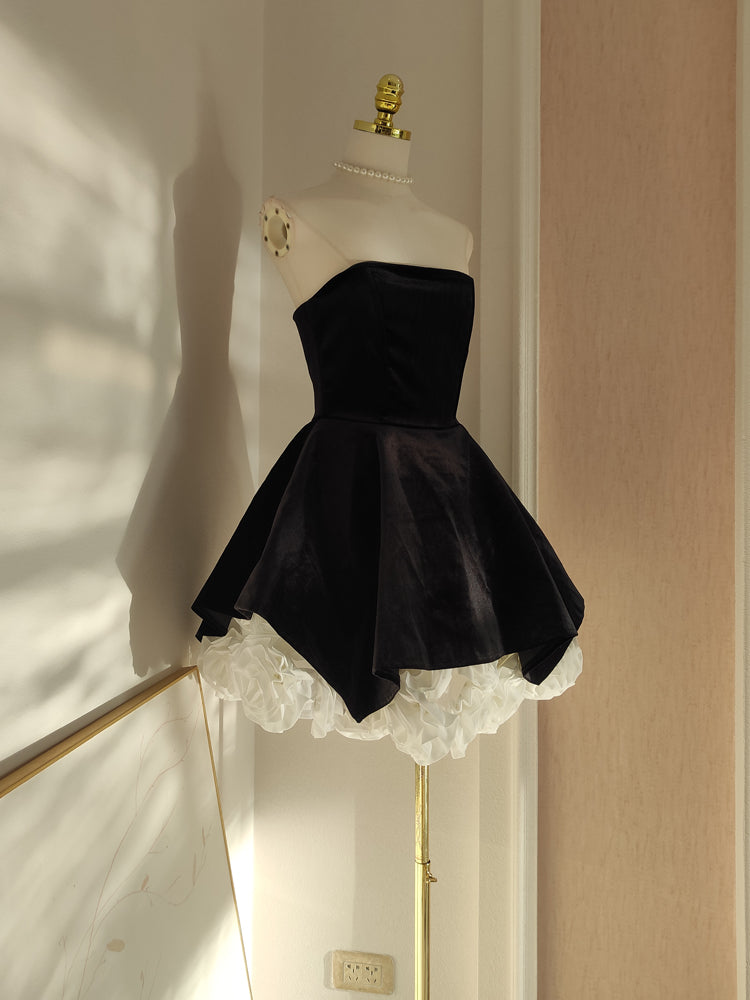 Sexy A line Strapless Velvet Black Holiday Dress Travel Vacation Dresses Short Birthday Dress SD1257