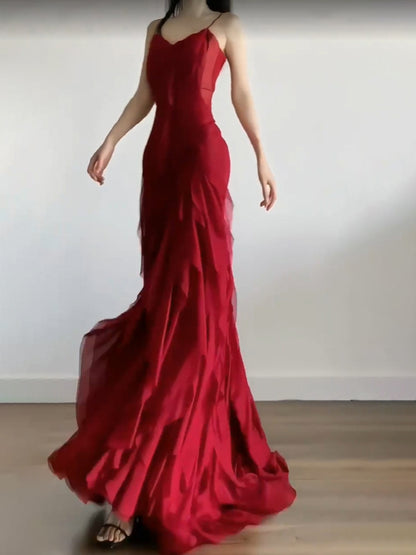 Sexy Mermaid Spaghetti Straps Red Chiffon Ruffles Birthday Dresses Long Prom Dress SD1160