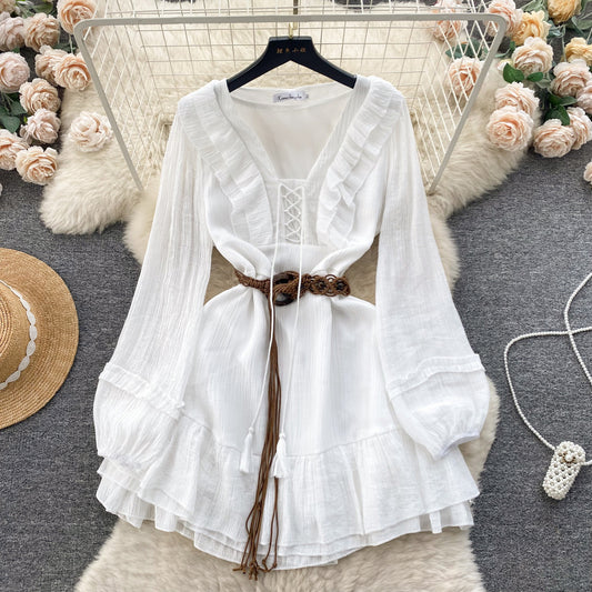 Vintage A line V Neckline Long Sleeves White Holiday Dresses Women's Dress SD1290