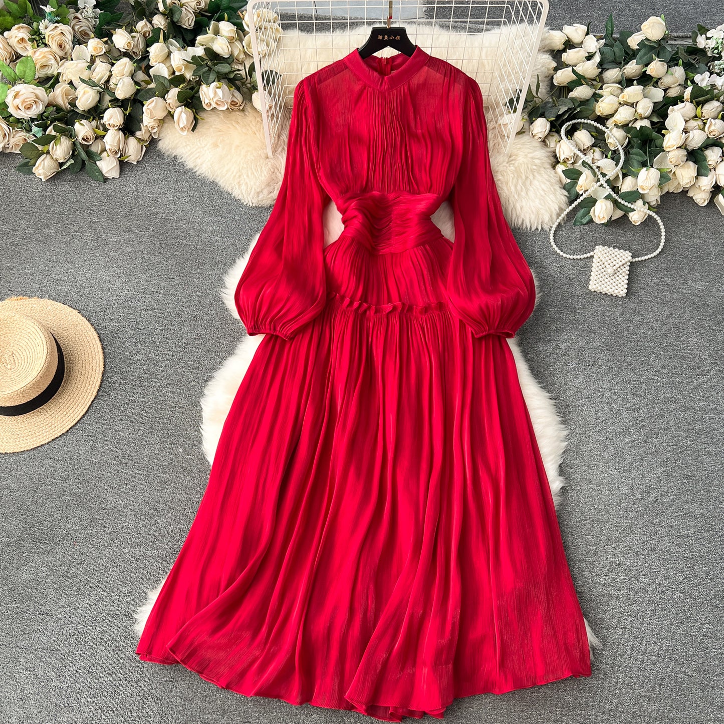 Vintage A line Scoop Long Sleeves Red Holiday Dresses Women's Dress SD1286