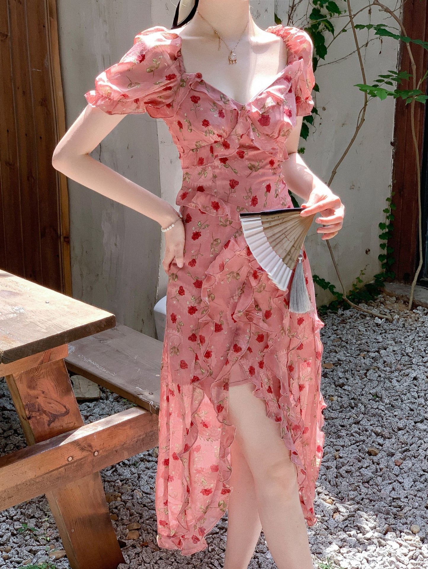 Cute Sheath V Neckline Ruffled Pink Chiffon Floral Beach Dress Women's Vacation Dresses SD1138